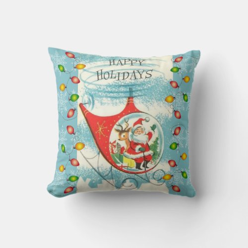 Retro Blue and Santa Claus flying a Helicopter Throw Pillow