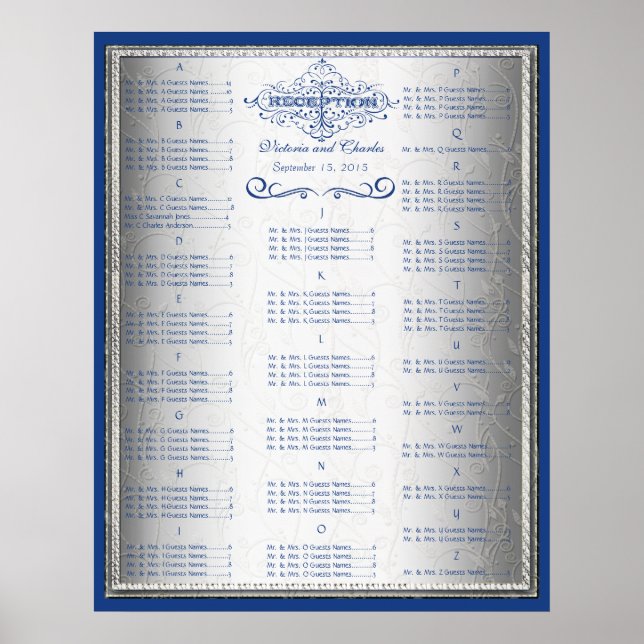Retro Blue and Silver Wedding Guest Seating Chart (Front)