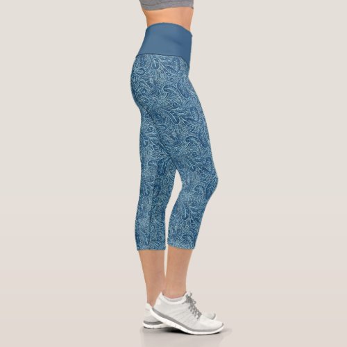 Retro Blue and Turquoise Paisley Pattern Capri Leggings