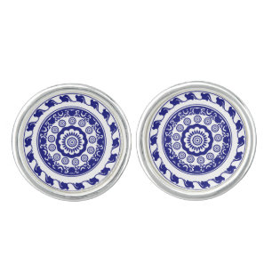 Retro Blue and White Pattern Chinoiserie Cufflinks