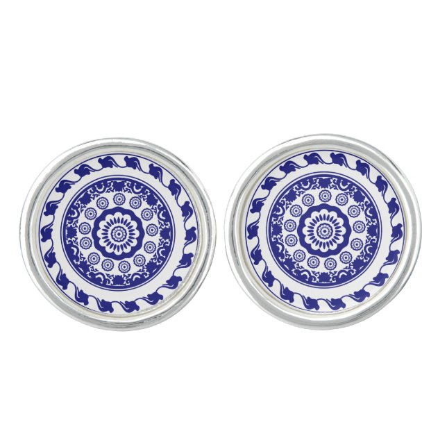 Retro Blue and White Pattern Chinoiserie Cufflinks (Front)