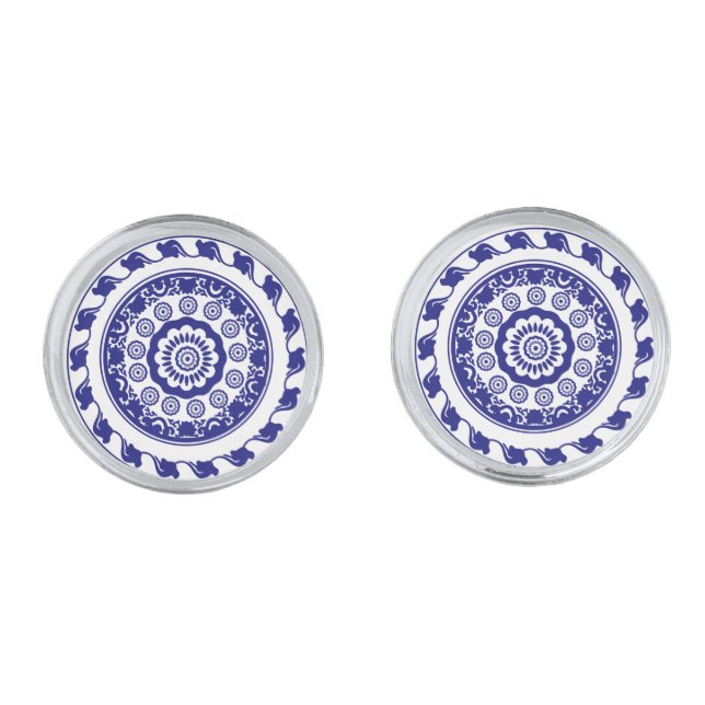 Retro Blue and White Pattern Chinoiserie Cufflinks (Front)