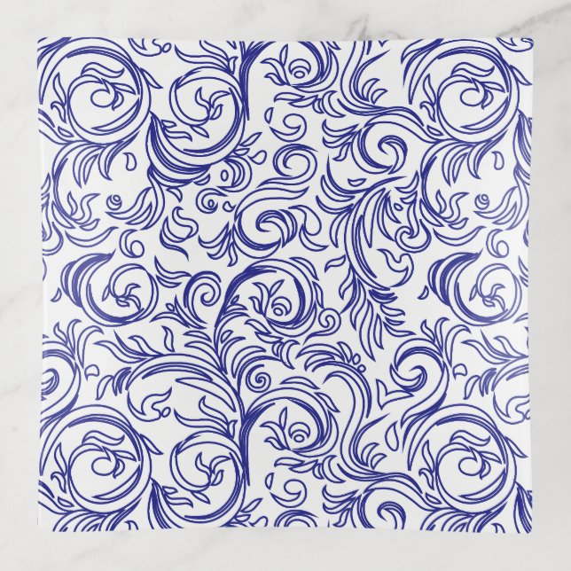 Retro Blue and White Pattern Chinoiserie  Trinket Tray (Front)