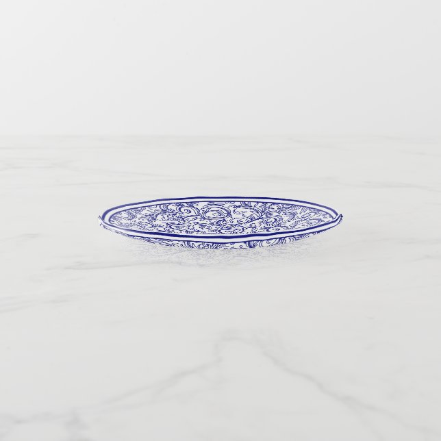 Retro Blue and White Pattern Chinoiserie  Trinket Tray (Angled)