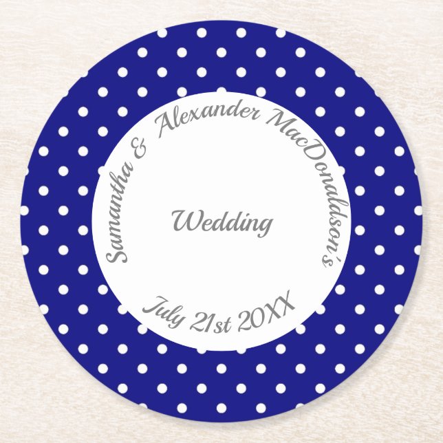 Retro blue and white polkadot wedding round paper coaster (Front)