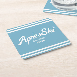 Retro Blue Apres Ski Custom Ski Resort Party Square Paper Coaster