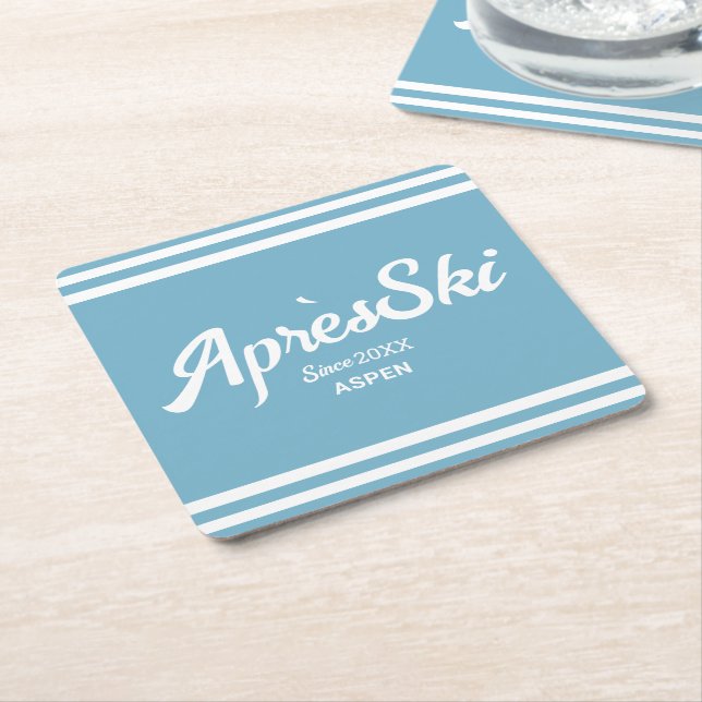 Retro Blue Apres Ski Custom Ski Resort Party Square Paper Coaster (Angled)