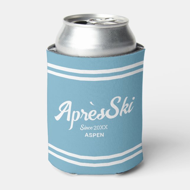 Retro Blue Apres Ski Custom Ski Resort & Year Can Cooler (Can Front)