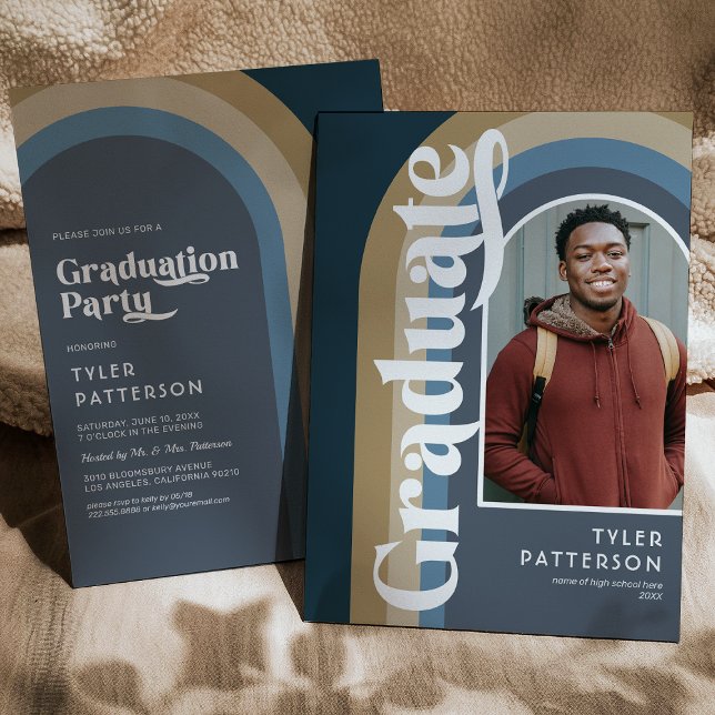 Retro Blue Arch Photo 2025 Graduation Party Invitation (Creator Uploaded)