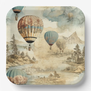 Retro Blue Balloon Antique Travel Landscape Paper Plates