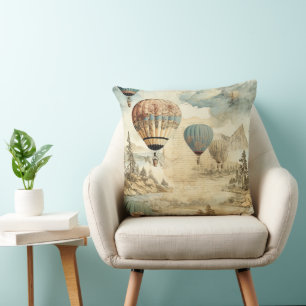 Retro Blue Balloon Antique Travel Landscape Throw Pillow