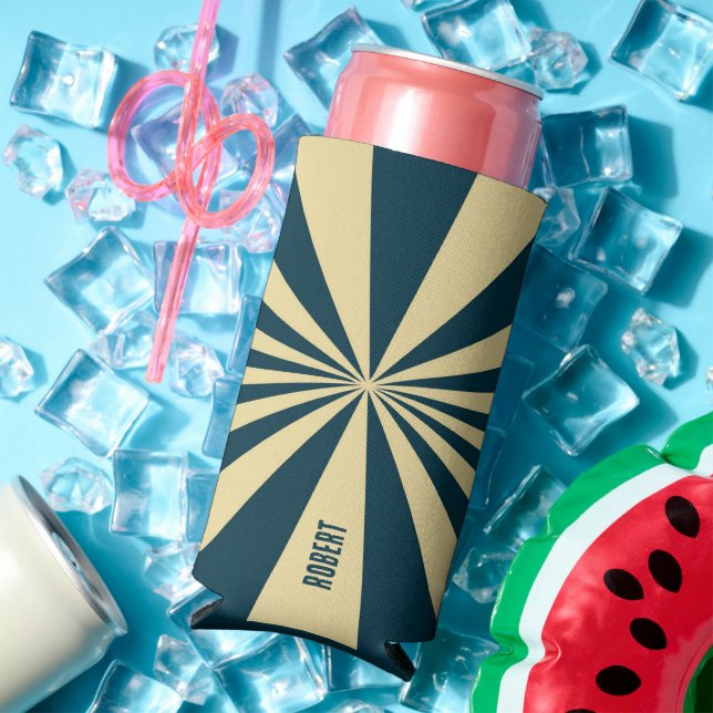 Retro Blue &Beige Stripes  Script Minimalist Name Seltzer Can Cooler (In Situ Summer)