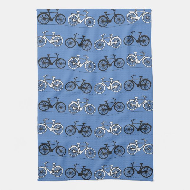 Retro Blue Bicycle Pattern Kitchen Towel (Vertical)
