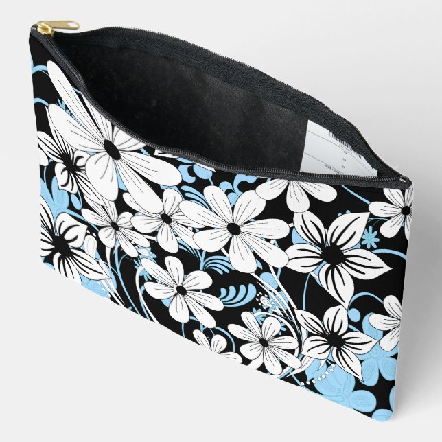 Retro Blue Black and White Floral Pattern Accessory Pouch (Open)