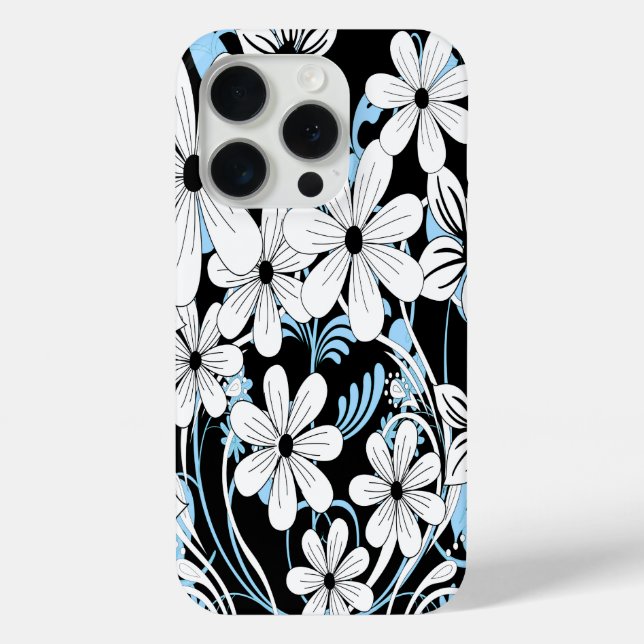 Retro Blue Black and White Floral Pattern Case-Mate iPhone Case (Back)