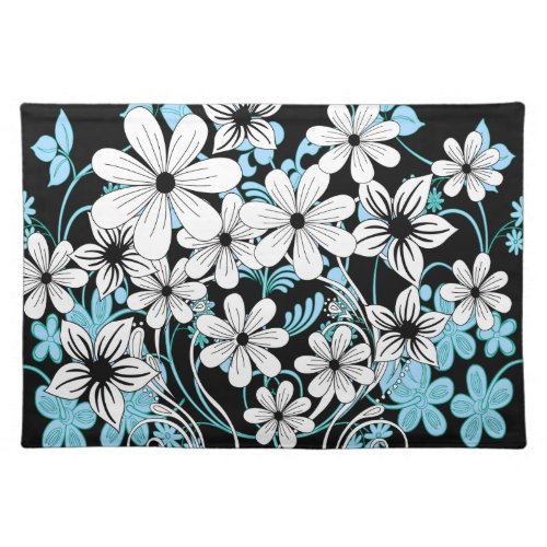 Retro Blue Black and White Floral Pattern Placemat