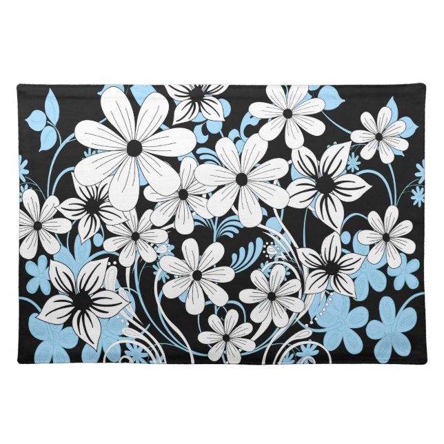Retro Blue Black and White Floral Pattern Placemat (Front)