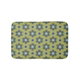 Retro Blue & Black Daisies on Green Floral Pattern Bath Mat
