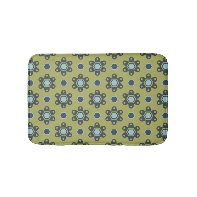 Retro Blue & Black Daisies on Green Floral Pattern Bath Mat (Front)