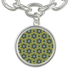 Retro Blue & Black Daisies on Green Floral Pattern Bracelet