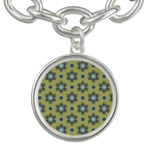 Retro Blue & Black Daisies on Green Floral Pattern Bracelet (Design)