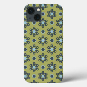 Retro Blue & Black Daisies on Green Floral Pattern iPhone 13 Case