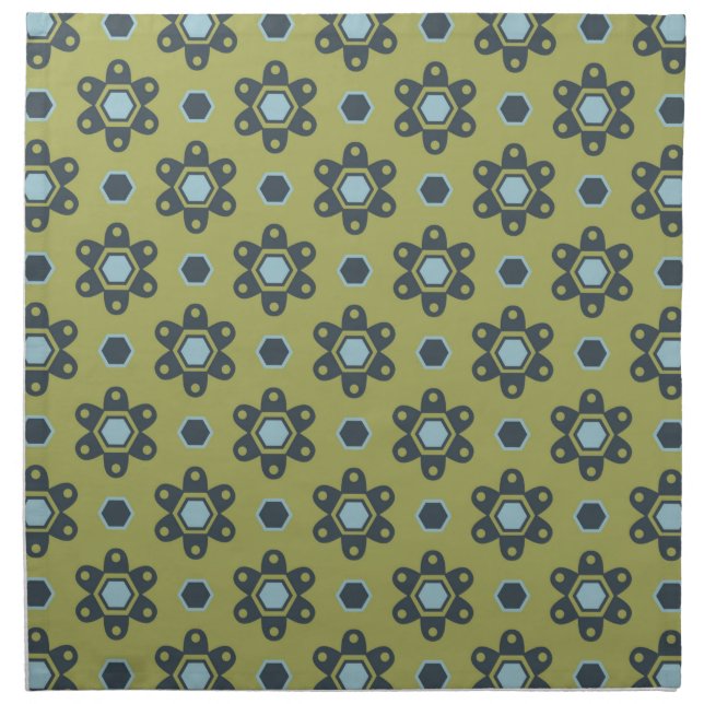 Retro Blue & Black Daisies on Green Floral Pattern Cloth Napkin (Front)