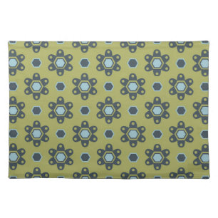 Retro Blue & Black Daisies on Green Floral Pattern Cloth Placemat