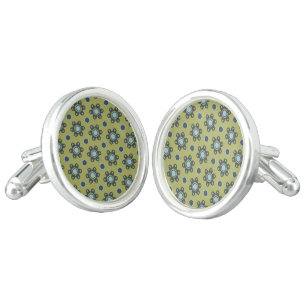 Retro Blue & Black Daisies on Green Floral Pattern Cufflinks