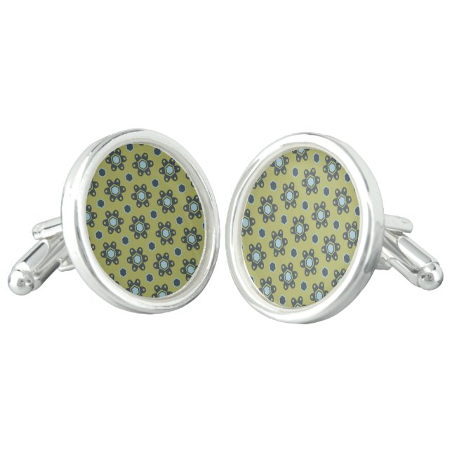 Retro Blue & Black Daisies on Green Floral Pattern Cufflinks (Angled)