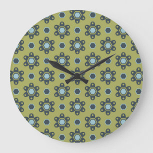 Retro Blue & Black Daisies on Green Floral Pattern Large Clock