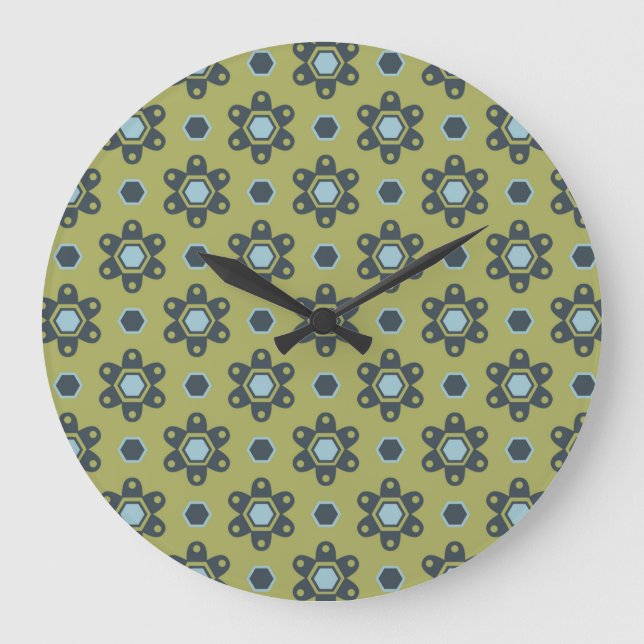 Retro Blue & Black Daisies on Green Floral Pattern Large Clock (Front)