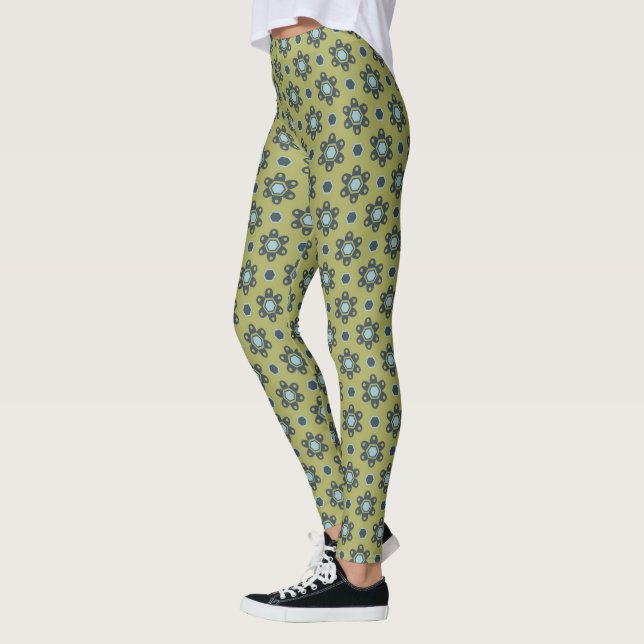 Retro Blue & Black Daisies on Green Floral Pattern Leggings (Left)