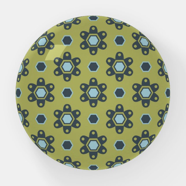 Retro Blue & Black Daisies on Green Floral Pattern Paperweight (Front)