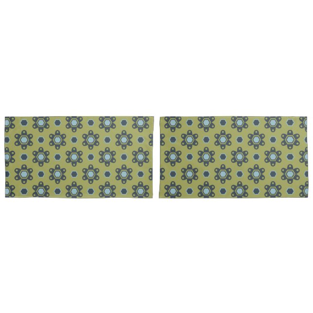 Retro Blue & Black Daisies on Green Floral Pattern Pillow Case (Front-Set)