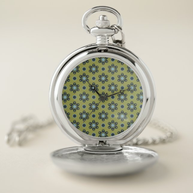Retro Blue & Black Daisies on Green Floral Pattern Pocket Watch (Inside)