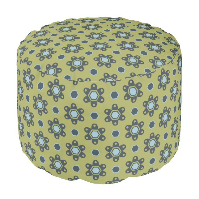 Retro Blue & Black Daisies on Green Floral Pattern Pouf (Angled Front)