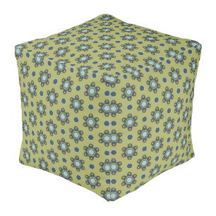 Retro Blue & Black Daisies on Green Floral Pattern Pouf