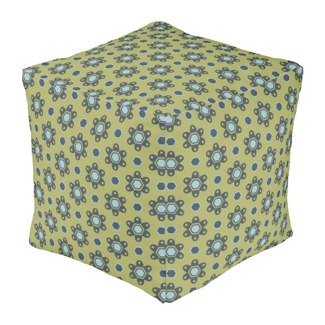 Retro Blue & Black Daisies on Green Floral Pattern Pouf (Angled Front)