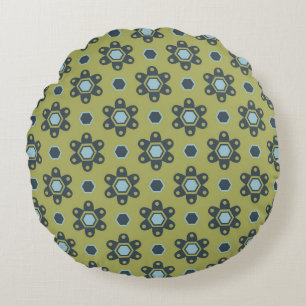 Retro Blue & Black Daisies on Green Floral Pattern Round Pillow