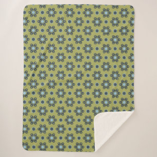 Retro Blue & Black Daisies on Green Floral Pattern Sherpa Blanket