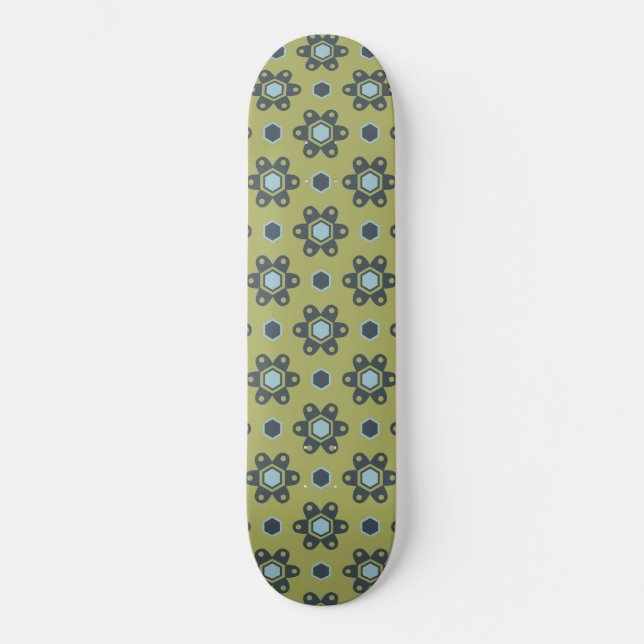 Retro Blue & Black Daisies on Green Floral Pattern Skateboard (Front)