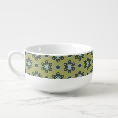 Retro Blue  Black Daisies on Green Floral Pattern Soup Mug