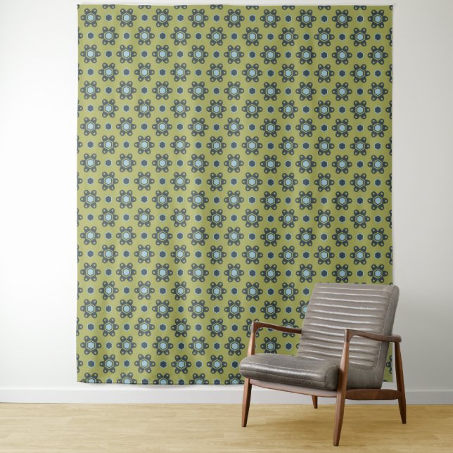 Retro Blue & Black Daisies on Green Floral Pattern Tapestry (In Situ)
