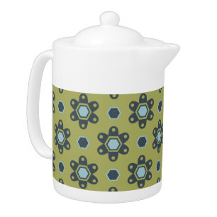 Retro Blue & Black Daisies on Green Floral Pattern Teapot