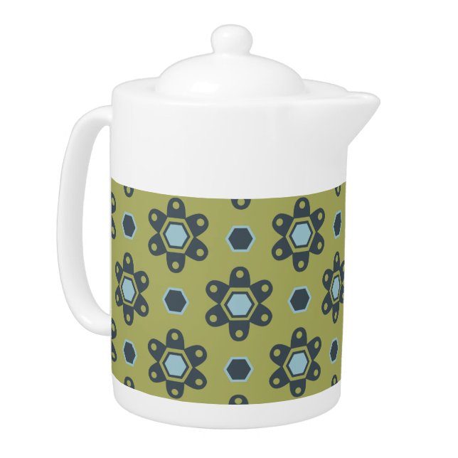 Retro Blue & Black Daisies on Green Floral Pattern Teapot (Left)