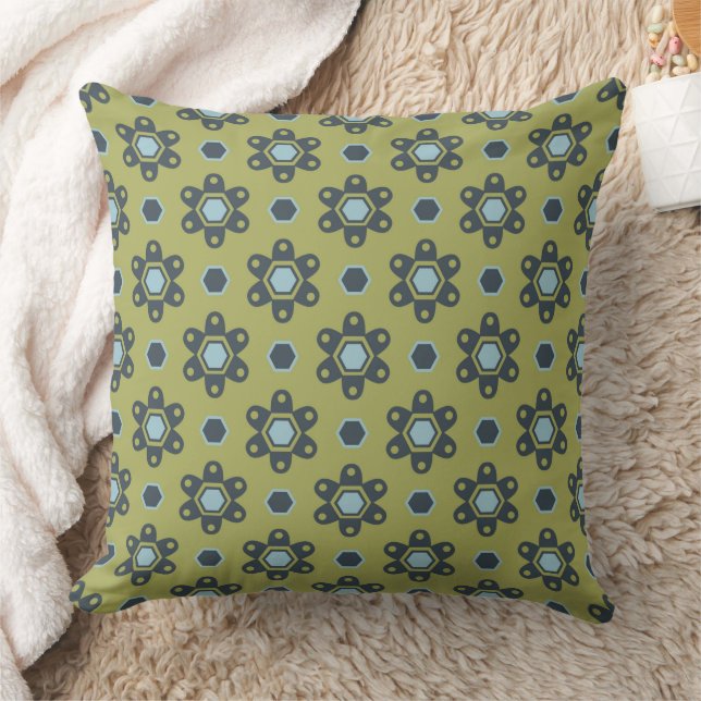 Retro Blue & Black Daisies on Green Floral Pattern Throw Pillow (Blanket)