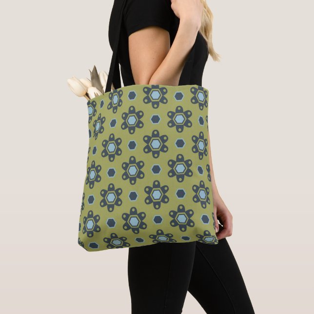 Retro Blue & Black Daisies on Green Floral Pattern Tote Bag (Close Up)