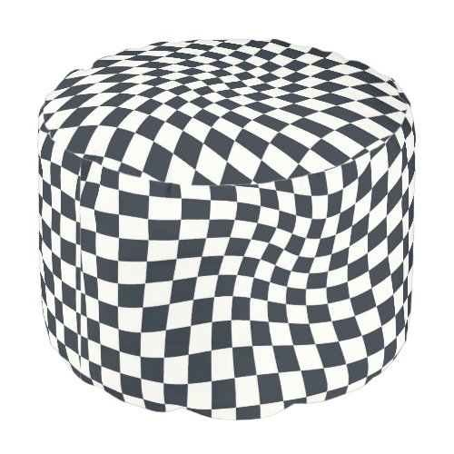 Retro Blue Black White Warped Check Checkered   Pouf