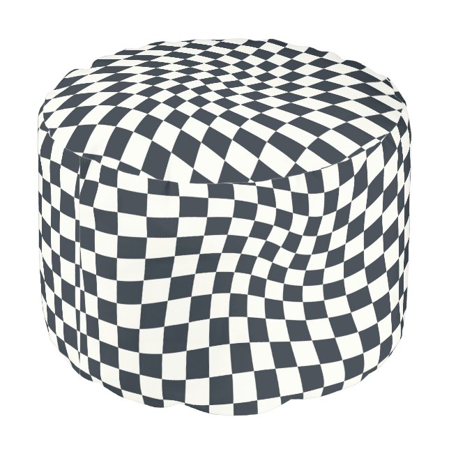 Retro Blue Black White Warped Check Checkered   Pouf (Angled Back)